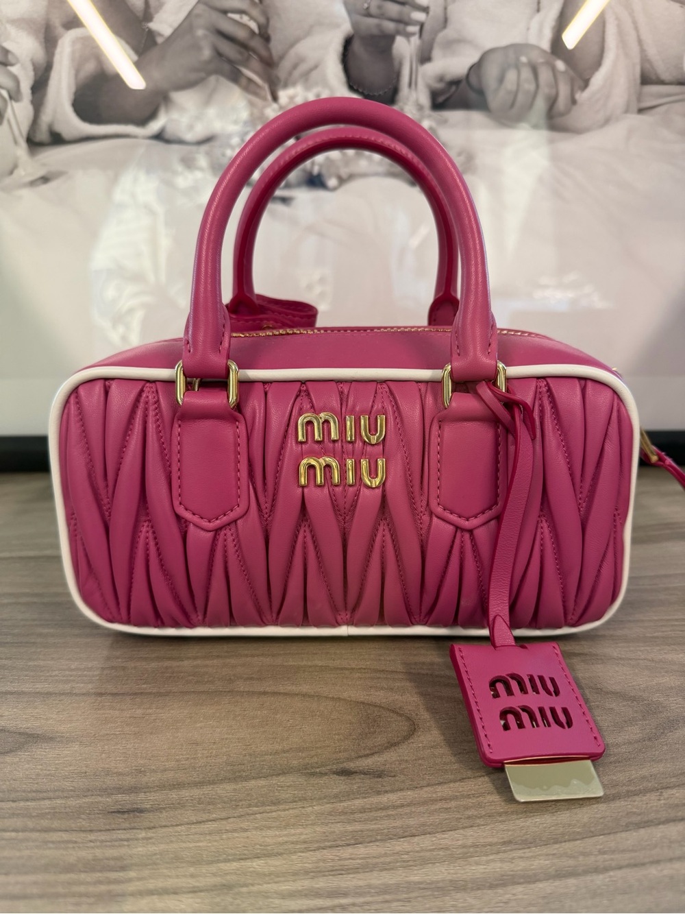 Miu Miu Hot Pink Matelassé Top-Handle Mini Bag with White Trim